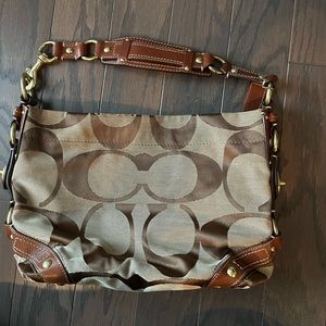 Coach brown leather and fabric shoulder tote